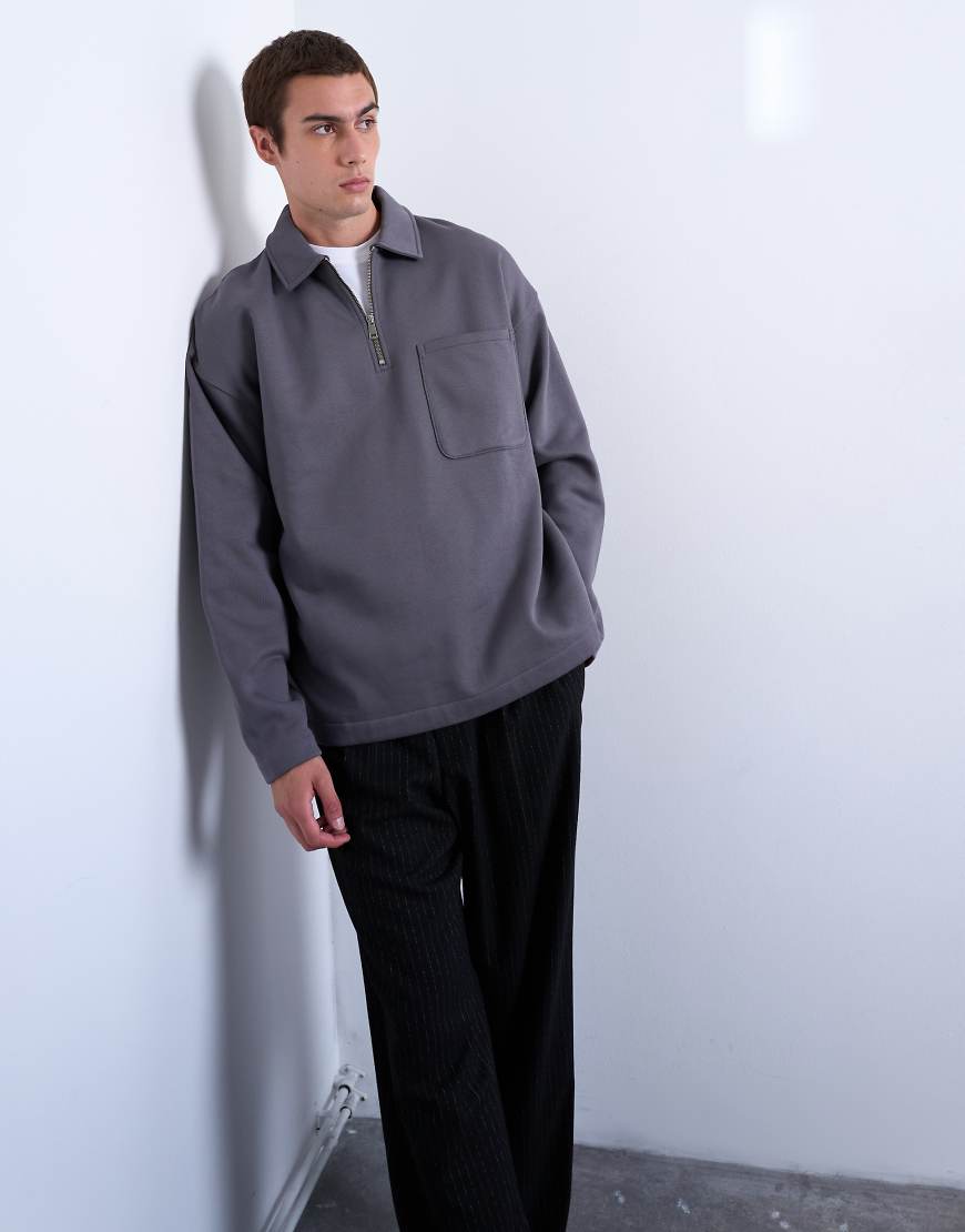 Topman - Premium - Oversize-Polohemd in Grau mit kurzem Reißverschluss von Topman