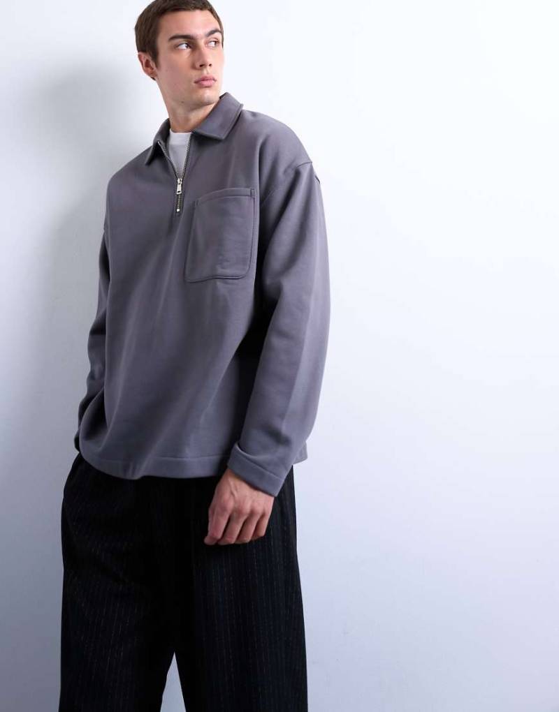 Topman - Premium - Oversize-Polohemd in Grau mit kurzem Reißverschluss von Topman