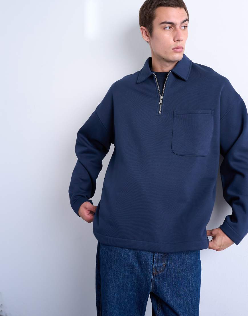 Topman - Premium - Oversize-Polohemd in Marineblau mit kurzem Reißverschluss von Topman