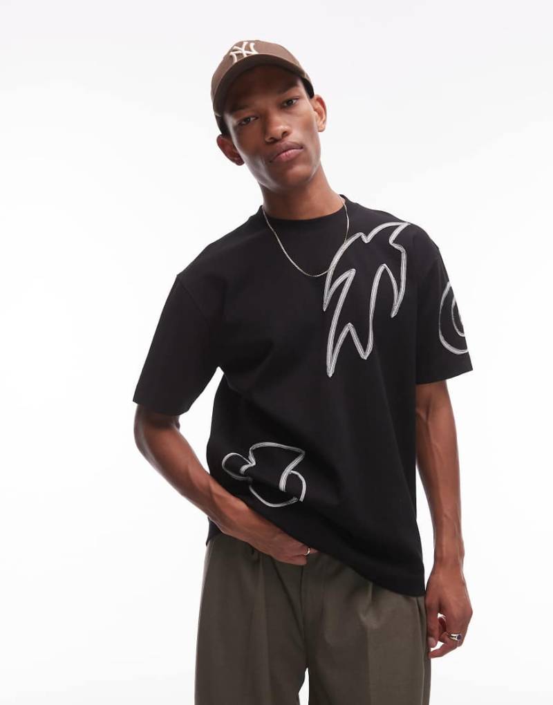 Topman - Premium - Relaxed-Fit-T-Shirt in Schwarz mit abstrakter Kordelstickerei vorne und hinten von Topman