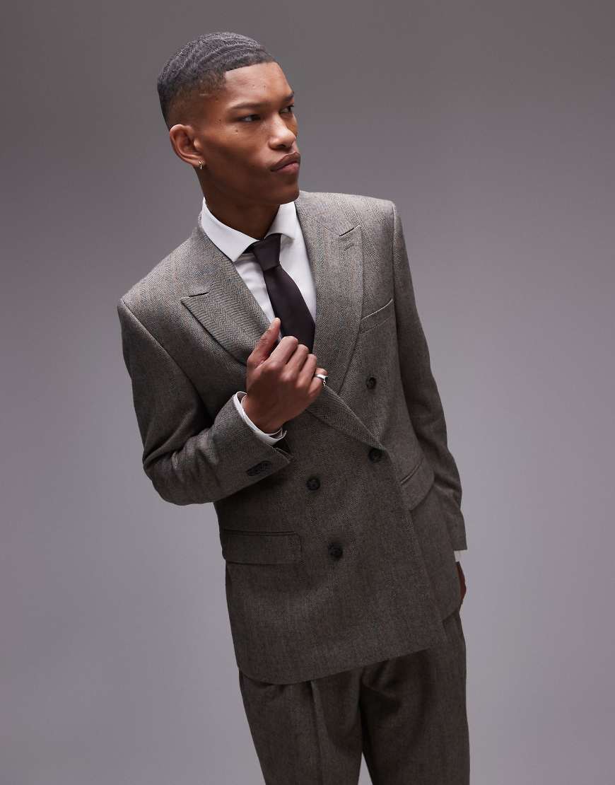 Topman - Premium - Relaxed Fit Jacke in Braun aus Wollmix mit Streifen und Fischgrätmuster-Grau von Topman