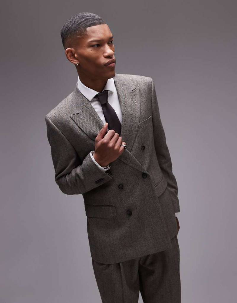 Topman - Premium - Relaxed Fit Jacke in Braun aus Wollmix mit Streifen und Fischgrätmuster-Grau von Topman