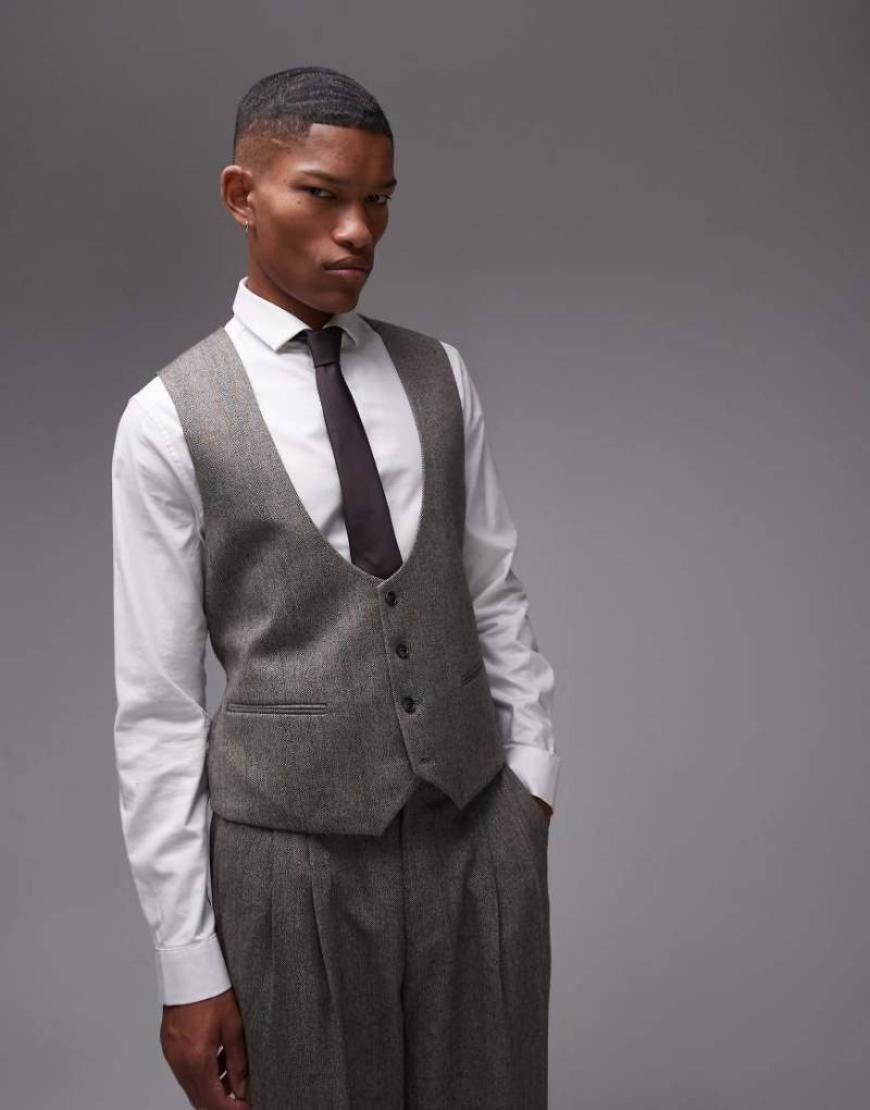 Topman - Premium - Weste in Braun aus Wollmix mit Streifen und Fischgrätmuster-Grau von Topman