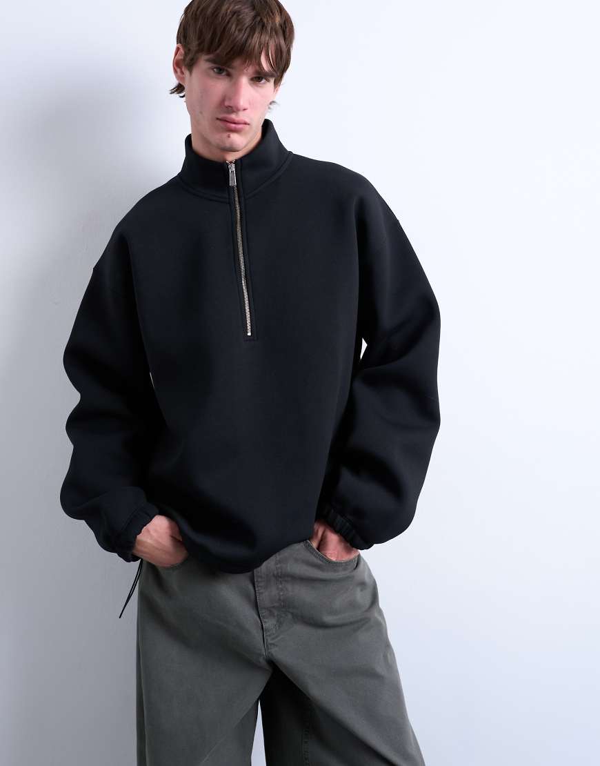Topman - Pullover aus Material in Neoprenoptik in Schwarz mit kurzem Reißverschluss und Stehkragen von Topman
