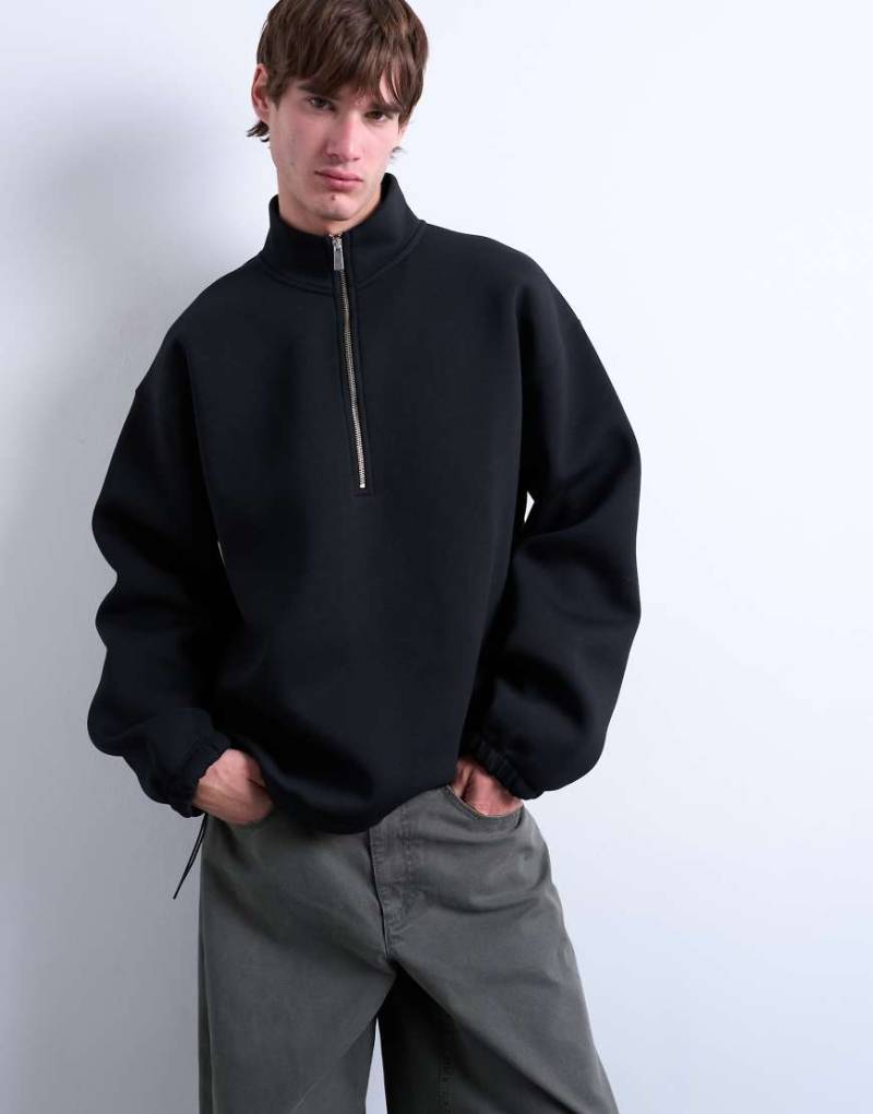 Topman - Pullover aus Material in Neoprenoptik in Schwarz mit kurzem Reißverschluss und Stehkragen von Topman