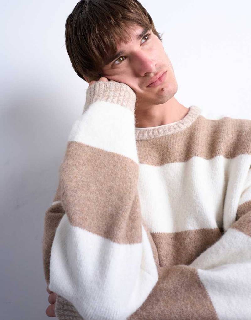Topman - Regulär geschnittener Pullover mit Streifen in Stone und Braun und Rundhalsausschnitt-Neutral von Topman