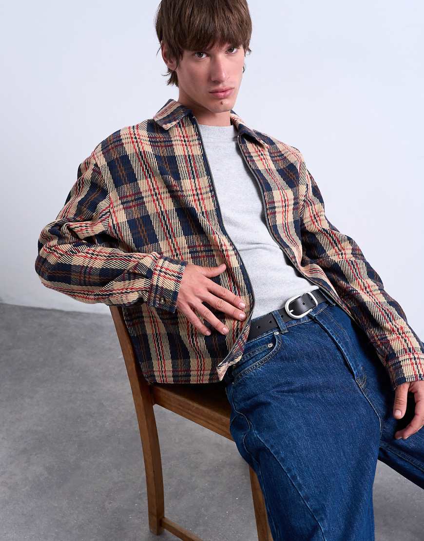 Topman - Regular Fit Hemdjacke in Marineblau mit strukturiertem Karomuster und Reißverschluss-Bunt von Topman