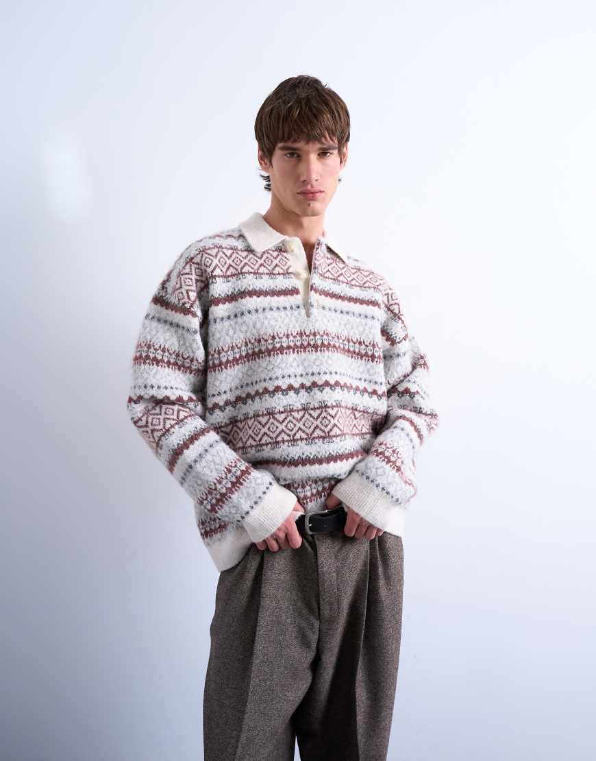 Topman - Regular-Fit-Polohemd aus Strick in Ecru mit gestreiftem Norwegermuster-Weiß von Topman