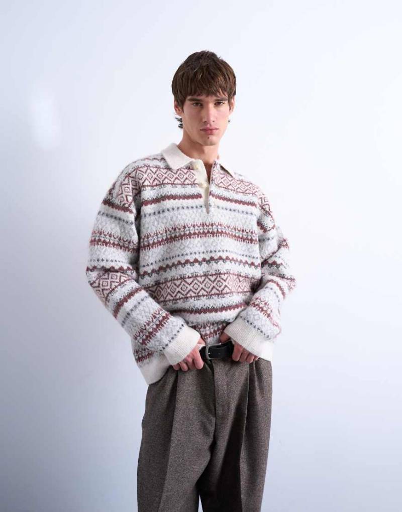 Topman - Regular-Fit-Polohemd aus Strick in Ecru mit gestreiftem Norwegermuster-Weiß von Topman