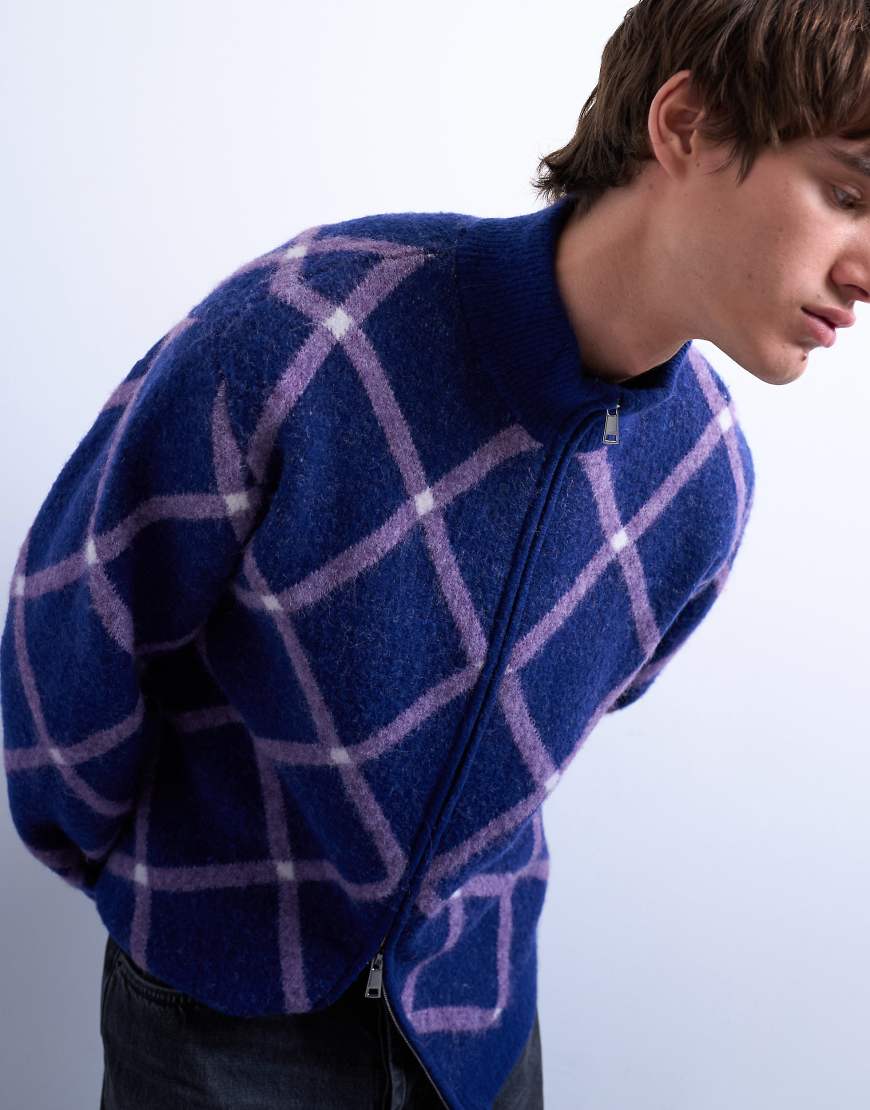 Topman - Regular-Fit-Strickjacke in Lila mit Reißverschluss, Stehkragen und Rautenmuster-Blau Topman - Regular-Fit-Strickjacke in Lila mit Reißverschluss, Stehkragen und Rautenmuster-Blau von Topman