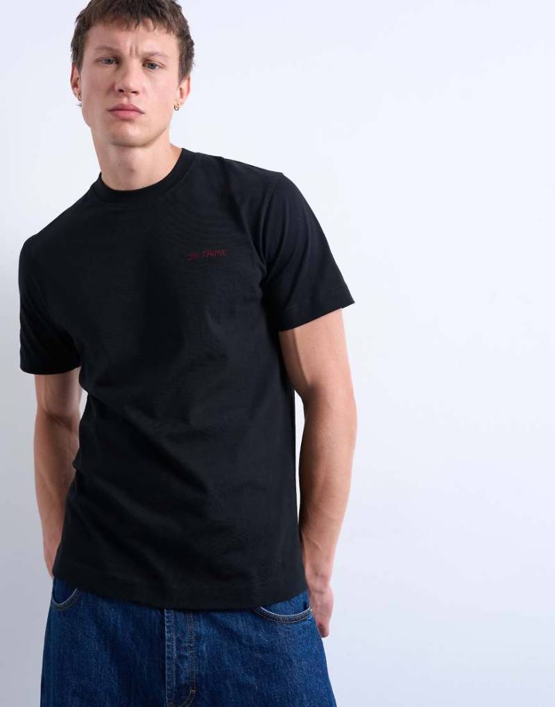 Topman - Classic-Fit-T-Shirt in Schwarz mit „Je t'aime"-Stickerei von Topman