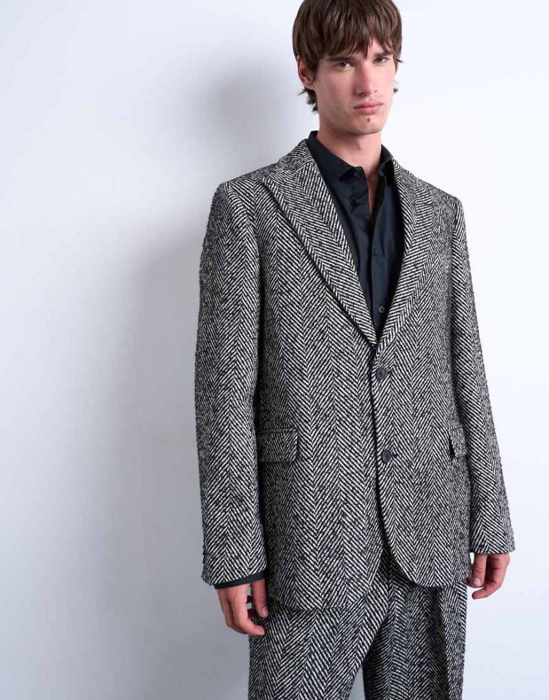 Topman - Relaxed-Fit-Blazer aus Wollmix in Schwarz mit Fischgrätmuster von Topman