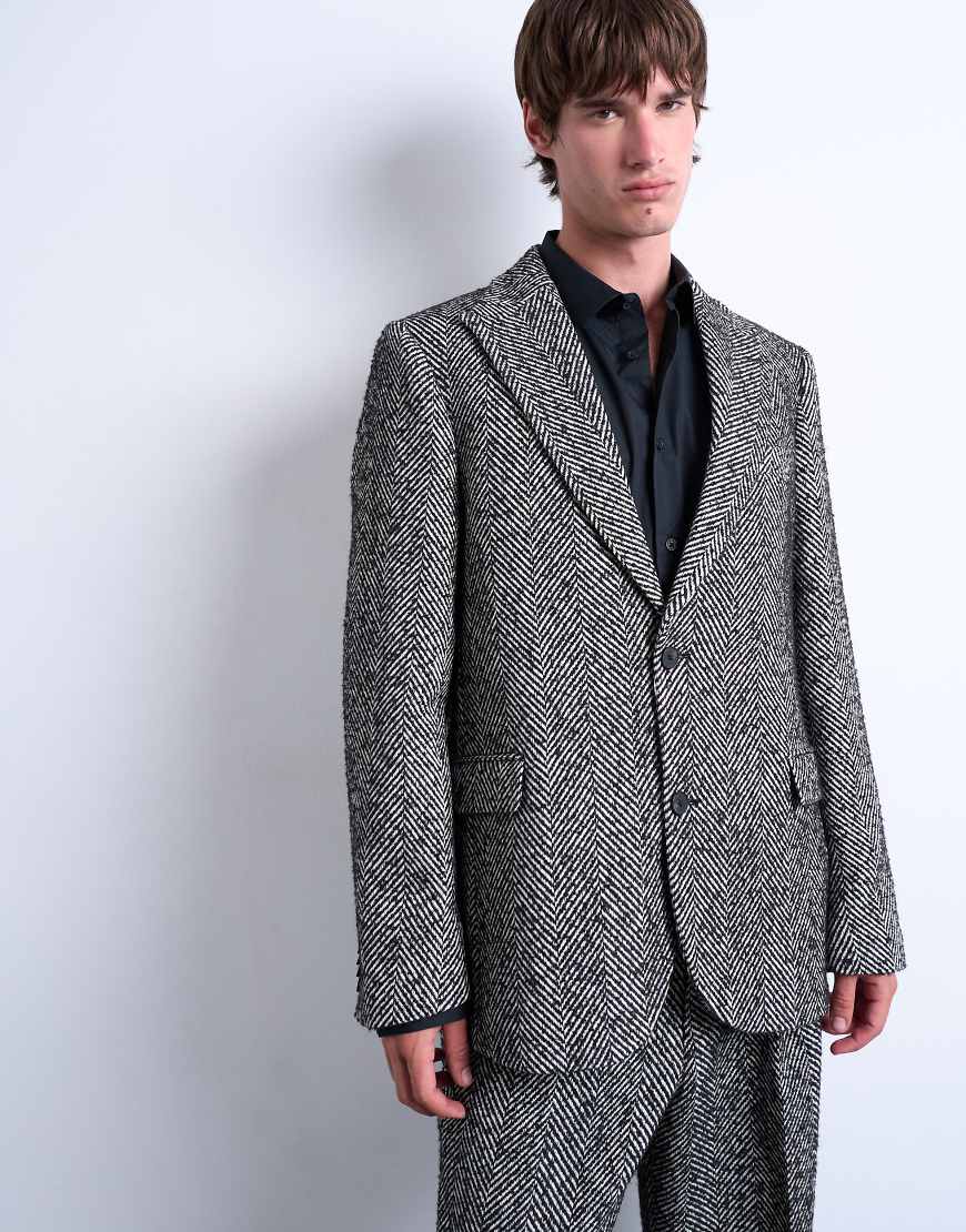 Topman - Relaxed-Fit-Blazer aus Wollmix in Schwarz mit Fischgrätmuster von Topman