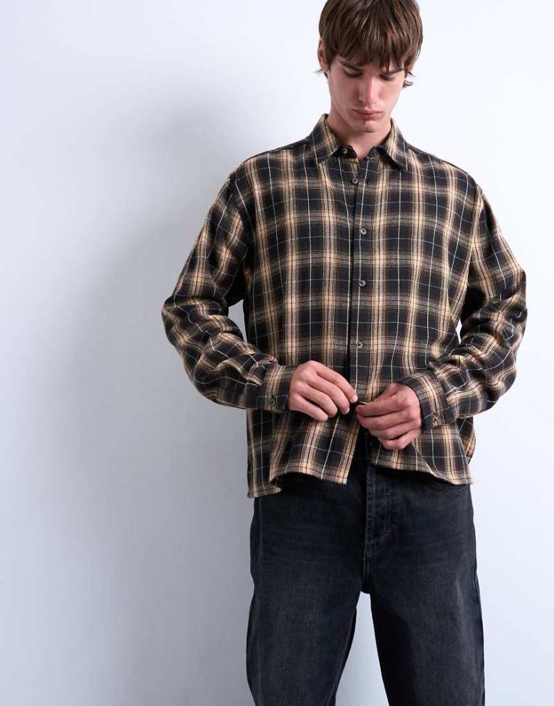 Topman - Relaxed Fit Cropped-Hemd aus Flanell in Braun kariert von Topman