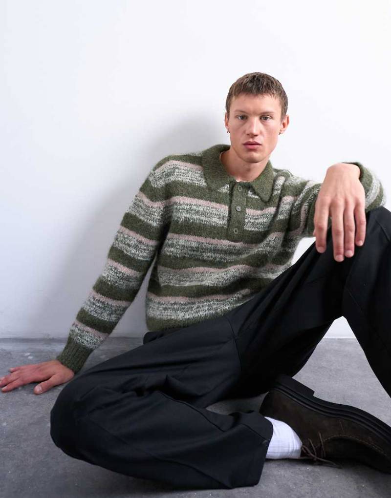 Topman - Relaxed-Fit-Polohemd aus Strick in Khaki mit Streifen-Grün von Topman