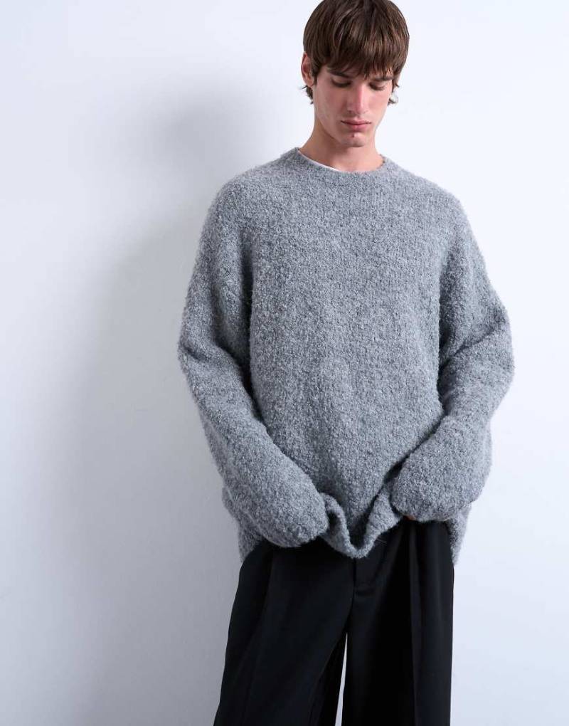 Topman - Relaxed Fit Pullover aus Bouclé in Hellgrau von Topman