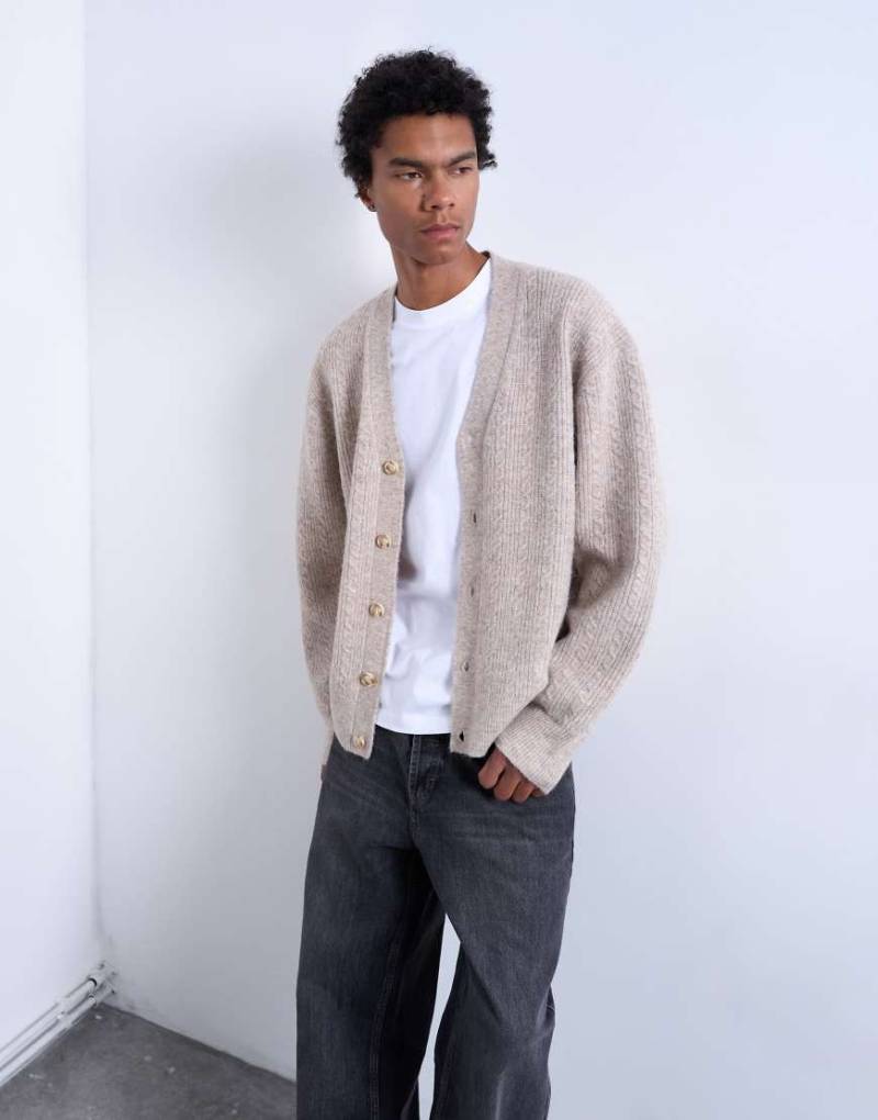 Topman - Relaxed-Fit-Strickjacke in Stein mit Zopfmuster-Neutral von Topman