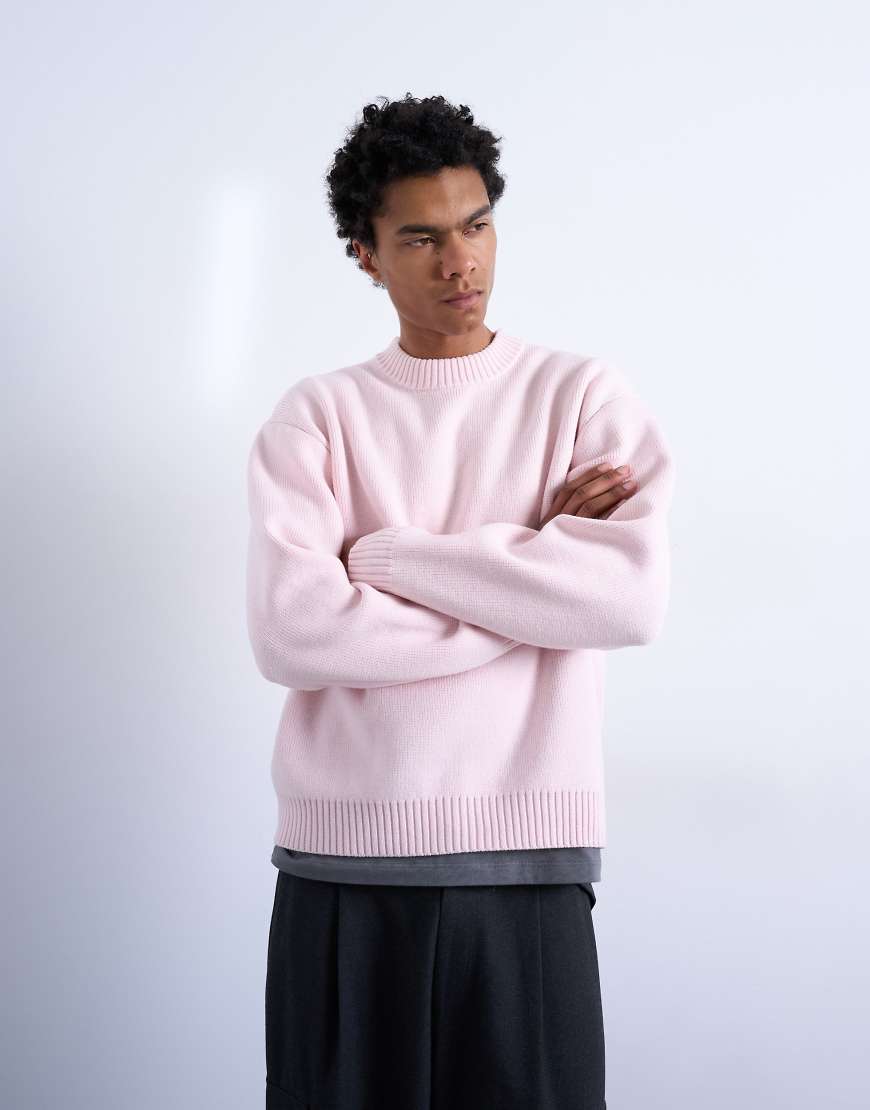 Topman - Relaxed-Fit-Strickpullover in Rosa mit Rundhalsausschnitt von Topman