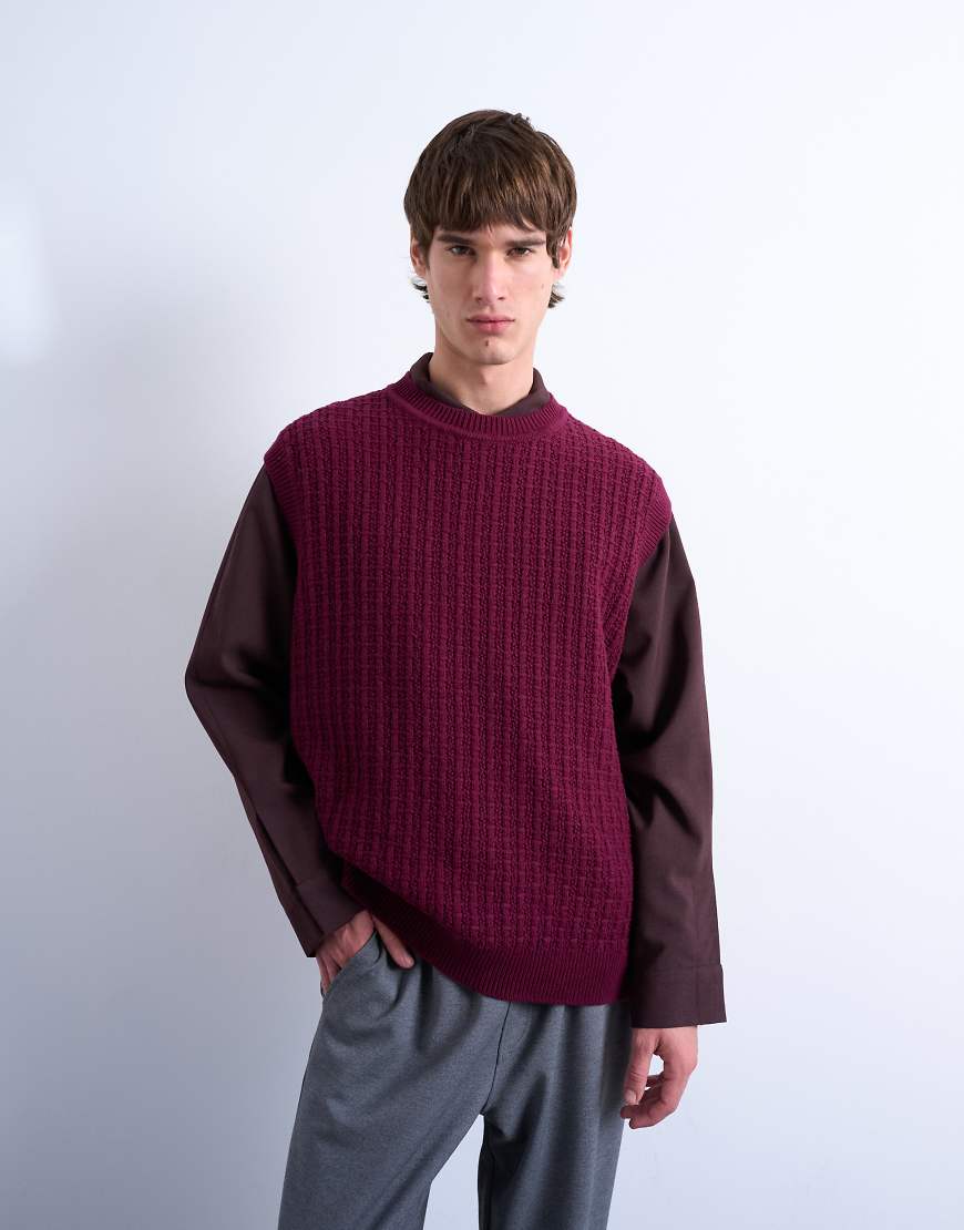Topman - Relaxed-Fit-Strickpullunder in Burgunderrot mit Zopfmuster von Topman