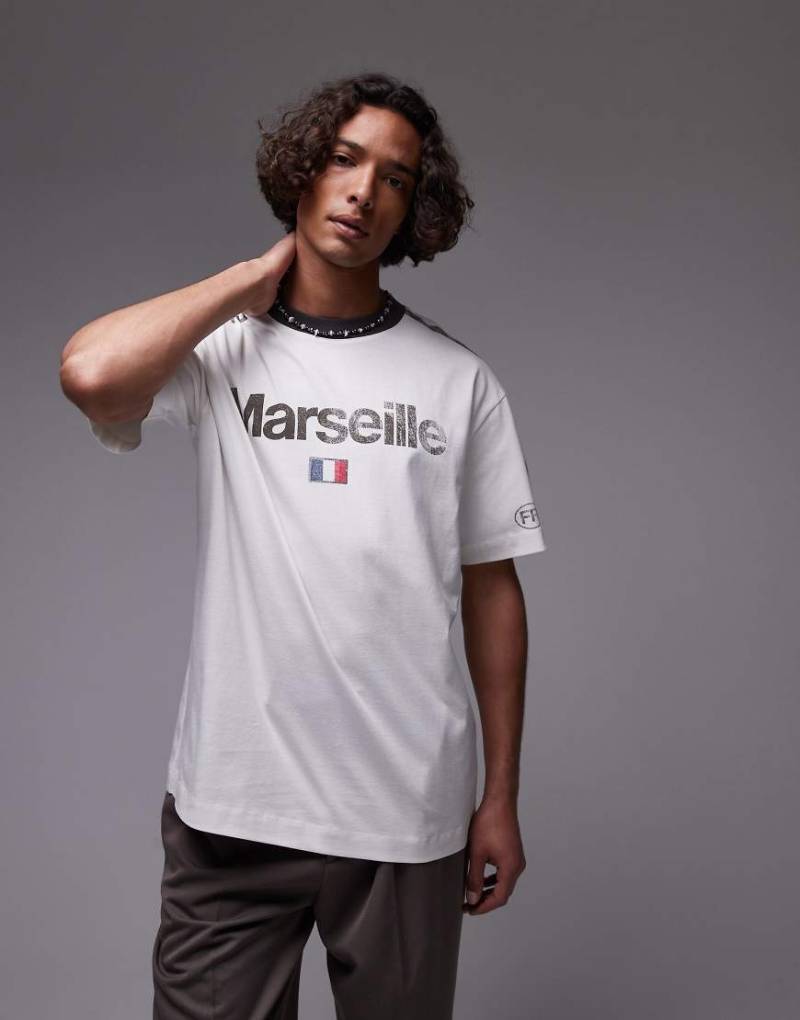 Topman - Ringer-T-Shirt in Weiß mit Relaxed-Fit-Schnitt und „Marseille"-Print von Topman