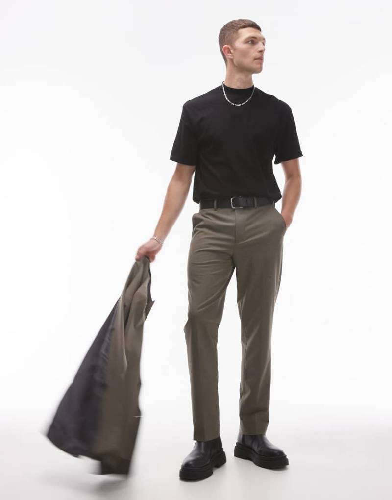 Topman - Schmal geschnittene Anzughose in Khaki-Grün von Topman