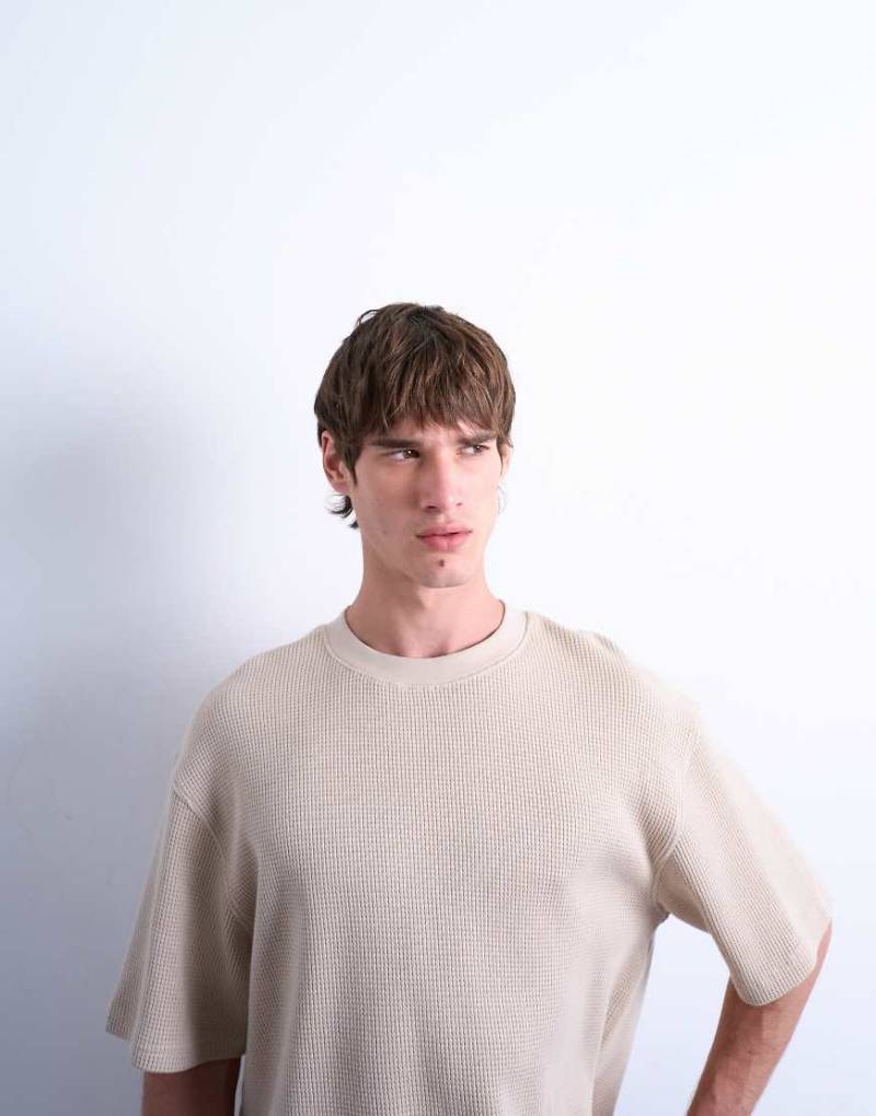 Topman - Schweres Cropped-T-Shirt in Steinbeige mit Waffelstruktur-Neutral von Topman