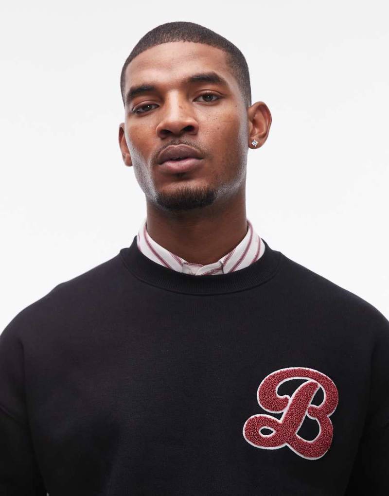 Topman - Schweres Oversize-Sweatshirt in Schwarz mit aufgesticktem Buchstaben auf Chenille-Print von Topman