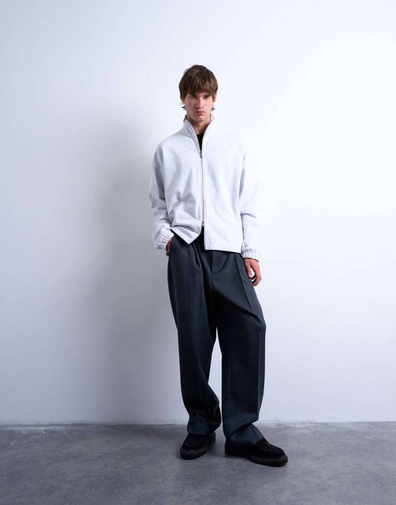 Topman - Schweres Sweatshirt in hellgrau meliert mit kastigem Schnitt, Stehkragen und durchgehendem Reißverschluss von Topman