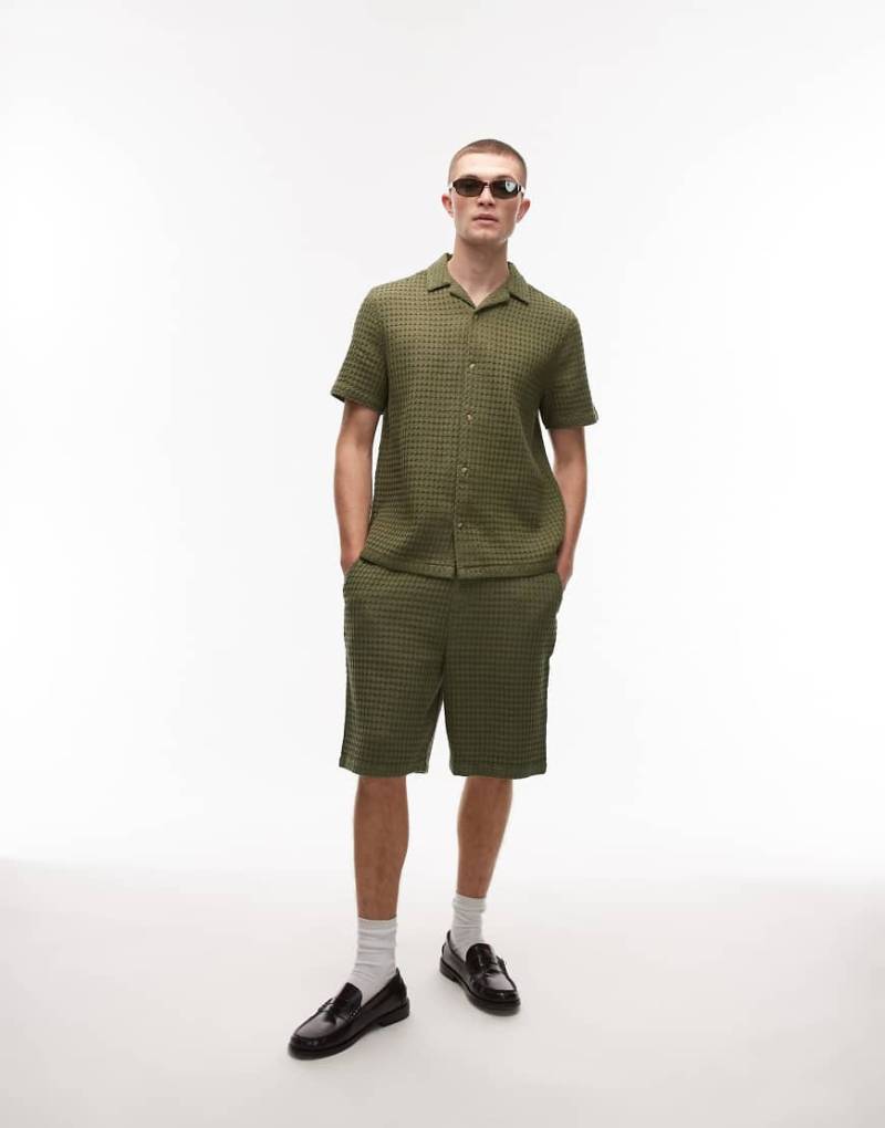 Topman - Shorts in Khaki mit strukturiertem Gitterkaro, Kombiteil-Neutral von Topman