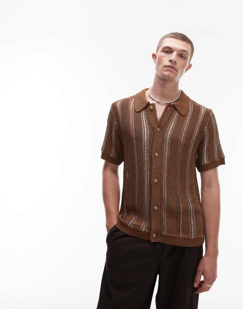Topman - Strick-Poloshirt aus Viskose in Braun mit Metallic-Streifen und Knopfleiste von Topman
