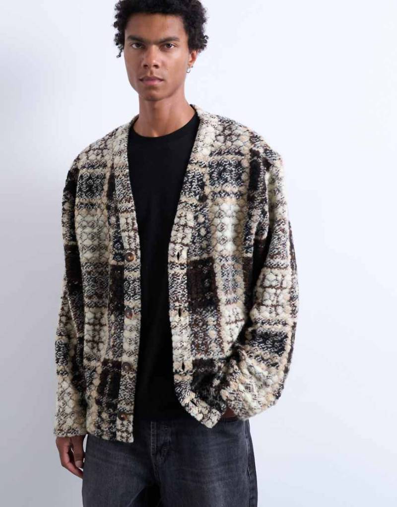 Topman - Strickjacke aus Wollmix in Cremeweiß und Braun mit strukturiertem Rechteckmuster-Brown von Topman