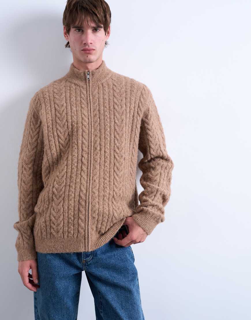 Topman - Strickjacke in Hellbraun mit Zopfmuster, Reißverschluss und Trichterkragen-Brown von Topman