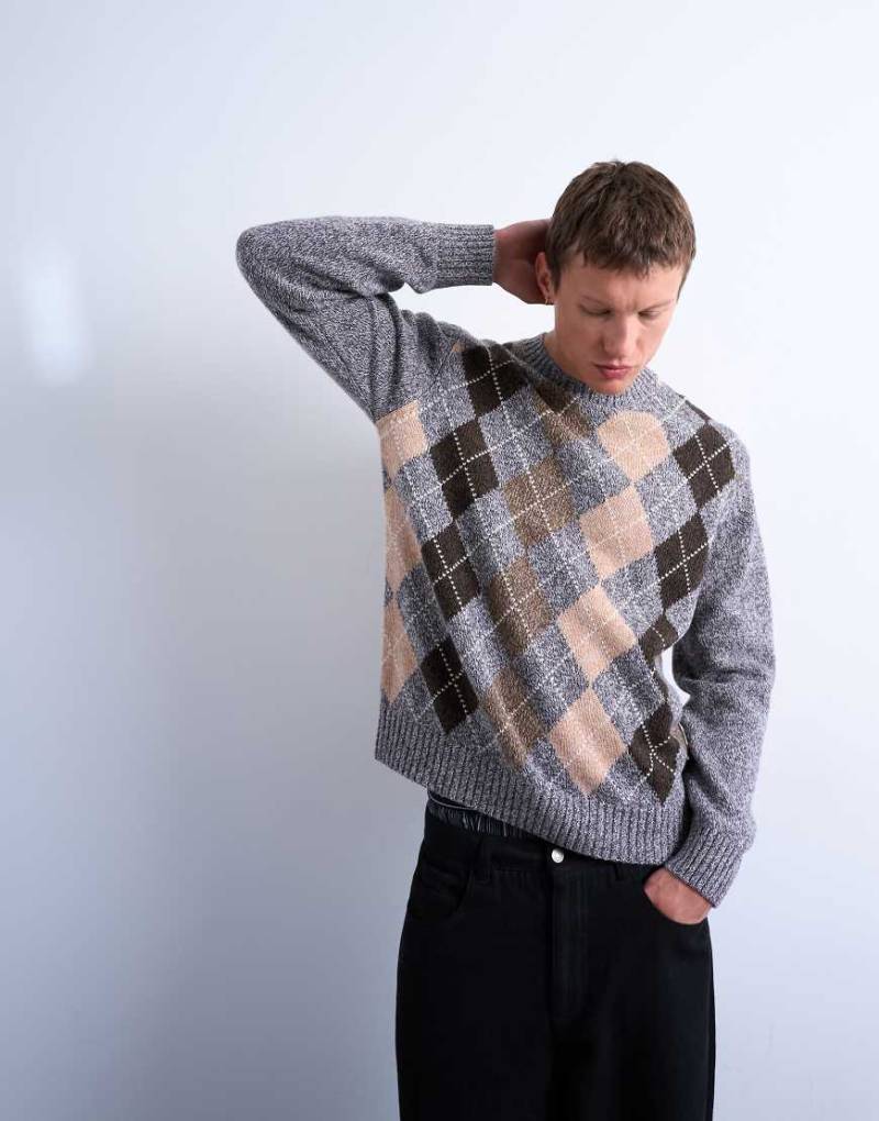 Topman - Strickpullover in Braun mit Argyle-Muster und Rundhalsausschnitt-Brown von Topman