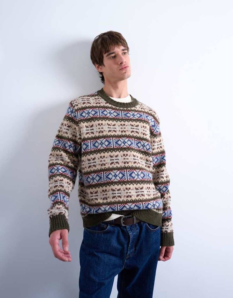 Topman - Strickpullover in Khaki mit Rundhalsausschnitt und Norwegermuster-Grün von Topman