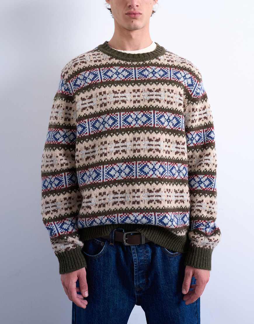 Topman - Strickpullover in Khaki mit Rundhalsausschnitt und Norwegermuster-Grün Topman - Strickpullover in Khaki mit Rundhalsausschnitt und Norwegermuster-Grün von Topman