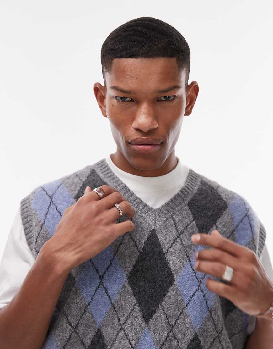 Topman - Strickpullunder mit Argyle-Muster in Grau und Blau von Topman