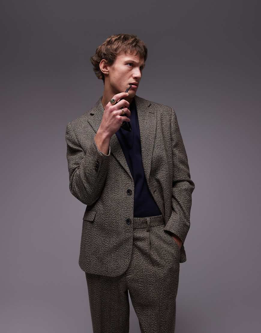 Topman - Strukturierter Anzug-Blazer in Braun mit lockerem Schnitt Topman - Strukturierter Anzug-Blazer in Braun mit lockerem Schnitt von Topman