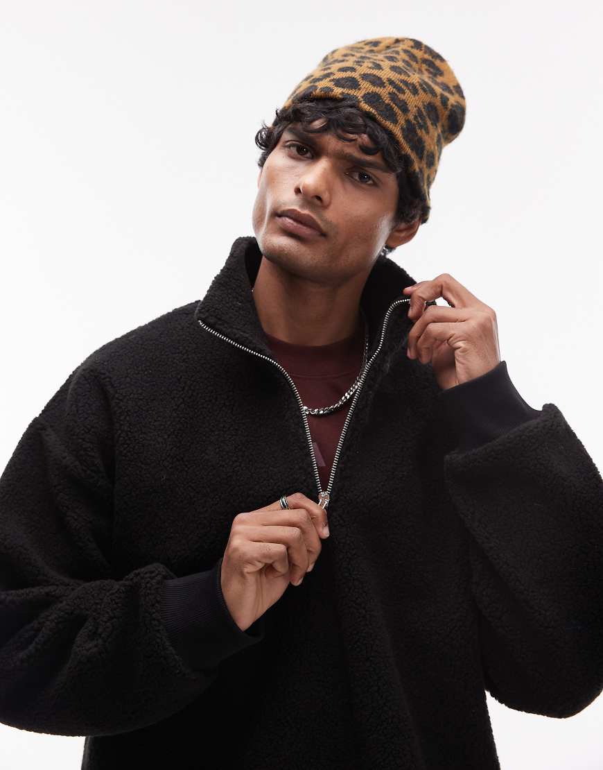 Topman - Sweatshirt aus Teddyfell in Schwarz mit kurzem Reißverschluss von Topman