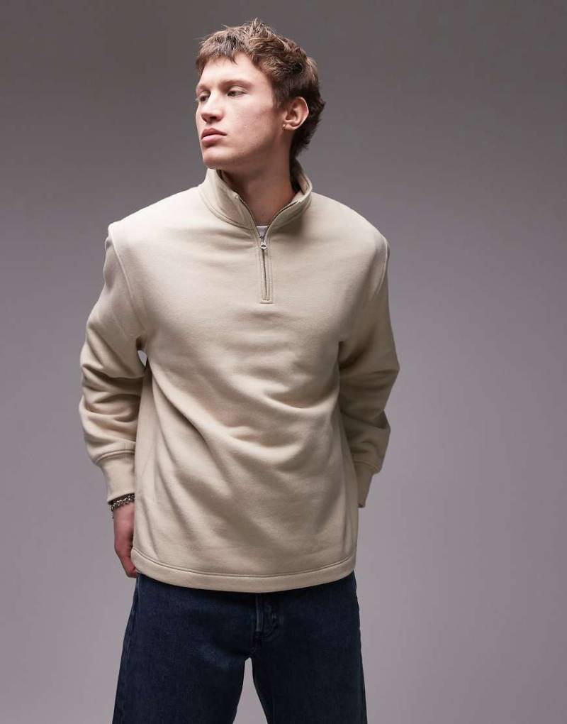 Topman - Sweatshirt in Steinbeige mit kurzem 1/4-Reißverschluss-Neutral von Topman