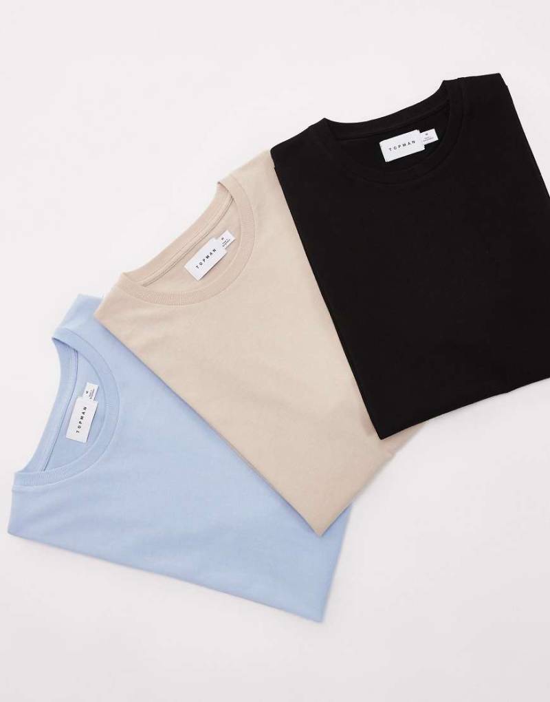 Topman - T-Shirts in Schwarz, Stein und Hellblau im 3er-Pack mit regulärer Passform-Bunt von Topman