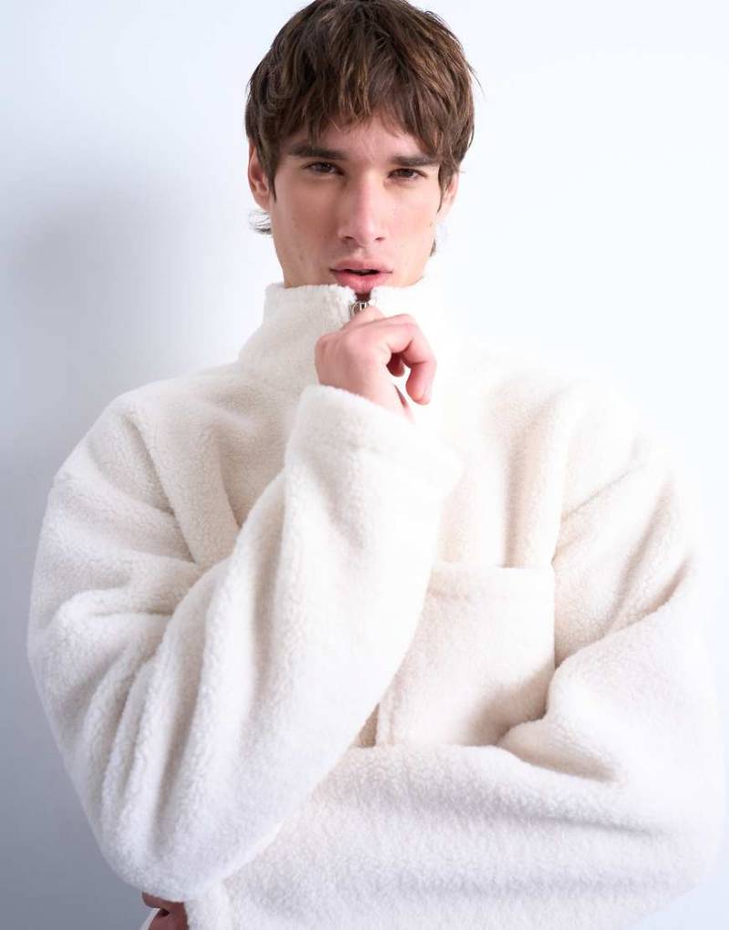 Topman - Teddyfell-Sweatshirt in Ecru mit kurzem Reißverschluss-Weiß von Topman