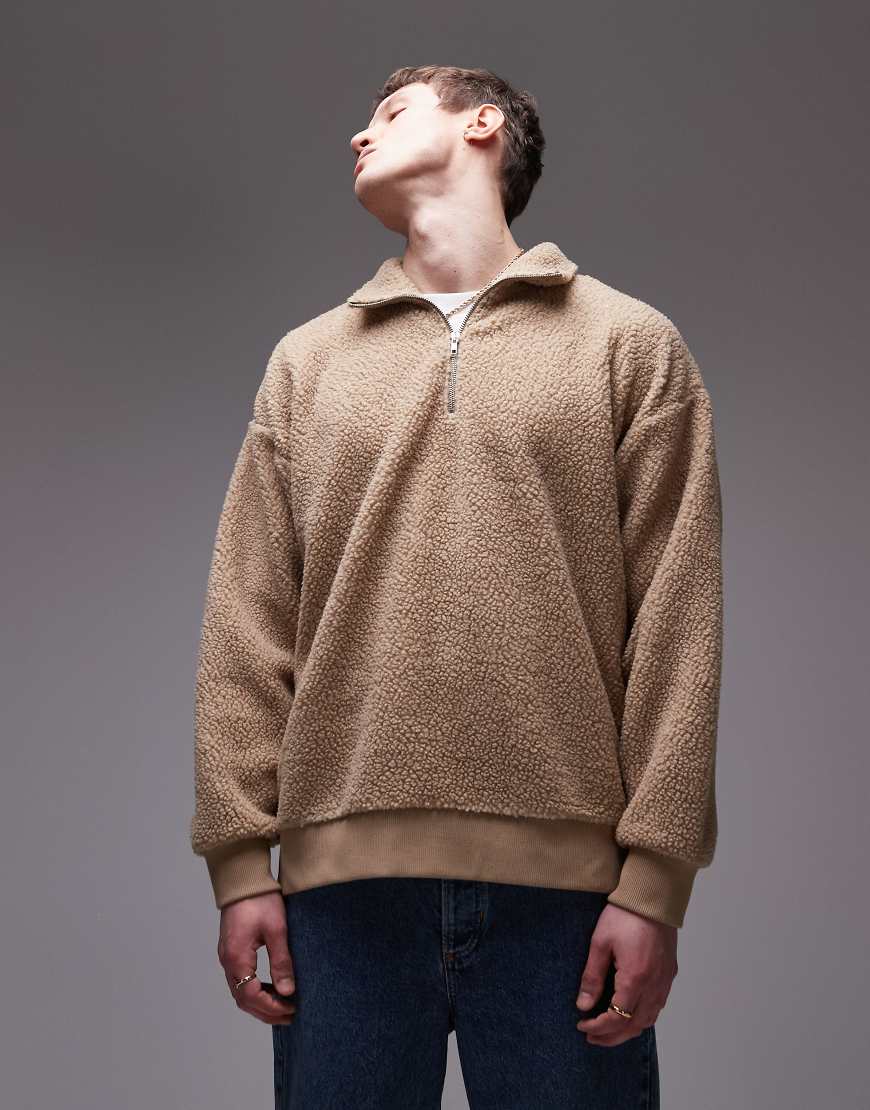 Topman - Teddyfell-Sweatshirt in Steinbeige mit kurzem Reißverschluss-Neutral von Topman