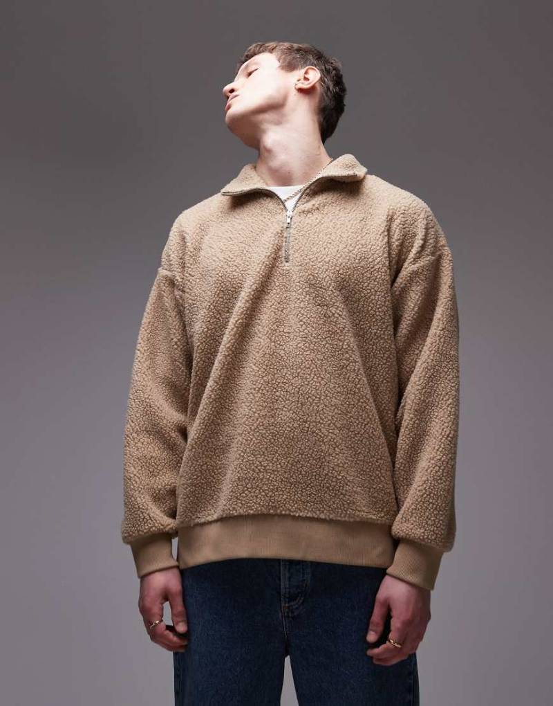 Topman - Teddyfell-Sweatshirt in Steinbeige mit kurzem Reißverschluss-Neutral von Topman