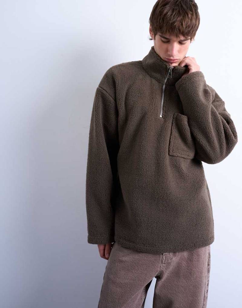 Topman - Teddyfell-Sweatshirt in dunklem Braun mit kurzem Reißverschluss-Brown von Topman