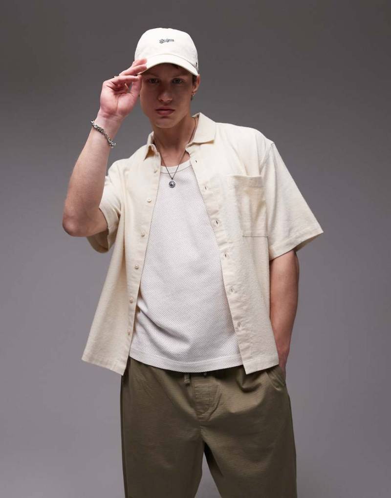Topman - Texturiertes kastiges, kurzärmliges Hemd in Stein-Neutral von Topman