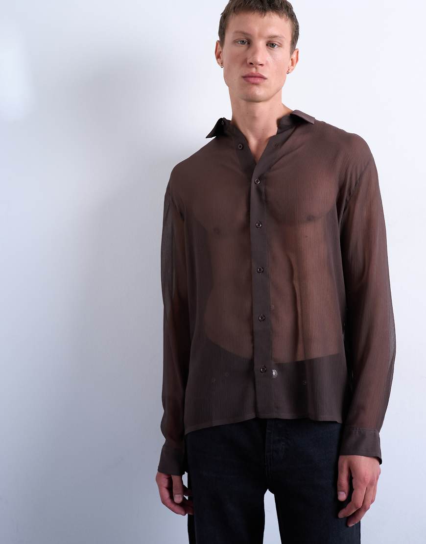Topman - Transparentes Relaxed Fit Hemd in Braun mit Knitterstruktur-Brown von Topman