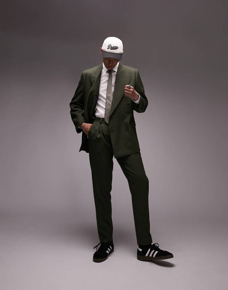 Topman - Warme, schmal zulaufende Anzughose in Khaki mit Bundfalten-Grün von Topman