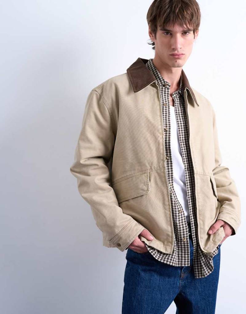 Topman - Wattierte Canvas-Jacke in verwaschenem Steinbeige-Neutral von Topman