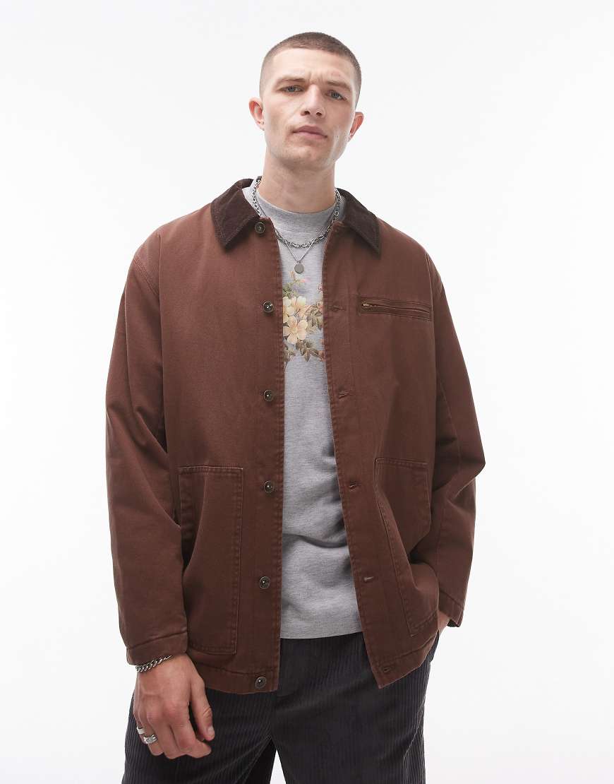 Topman - Wattierte Worker-Jacke in Braun mit farblich abgesetztem Kragen-Rot von Topman