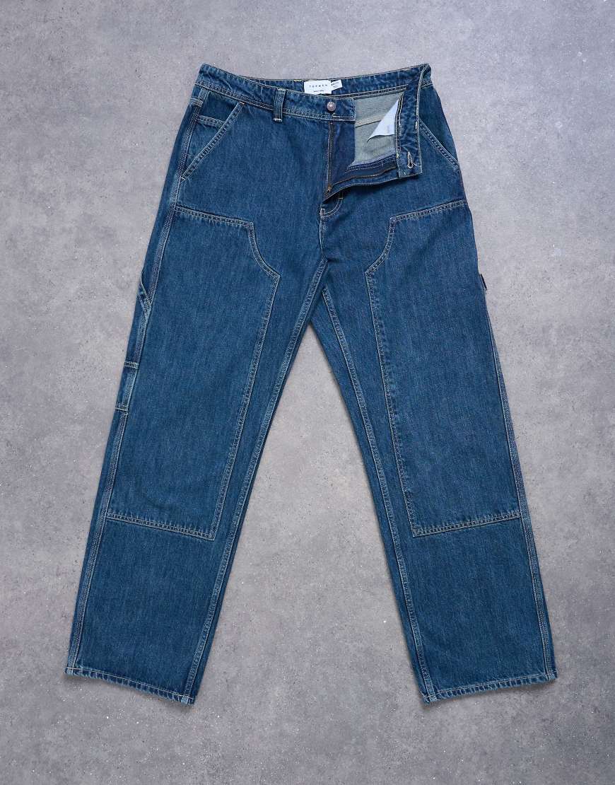 Topman - Weite Carpenter-Jeans in mittlerer Waschung-Blau von Topman